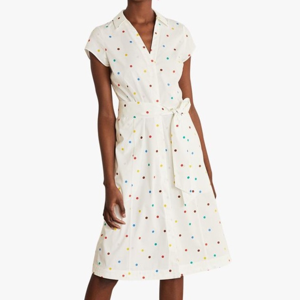 Boden Cream Polka Dot Midi Shirt Dress with Multicolor Dots